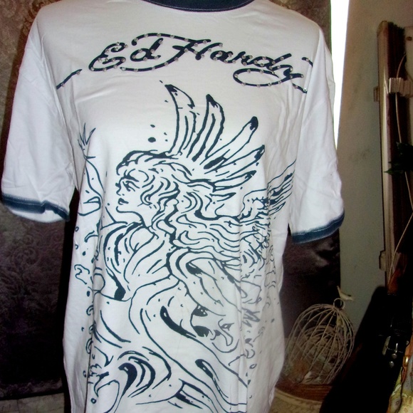 Ed Hardy by Christian Audigier White w/Rhinest Tee - Picture 1 of 8